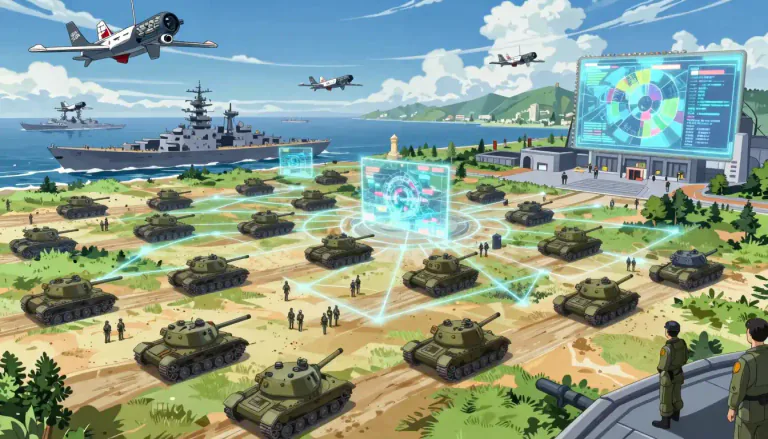 Visual representation of "battlespace" - The area or environment where military operations occur, including land, sea, air, and cybersecurity.