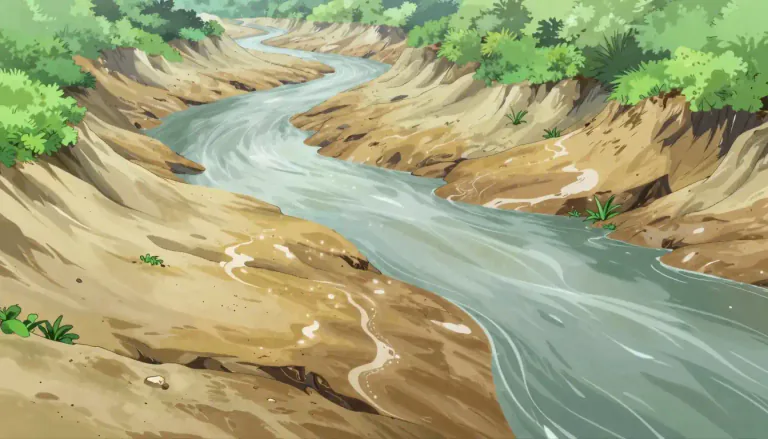 Visual representation of "alluvium" - A deposit of clay, silt, and sand left by flowing floodwater in a river valley or delta.
