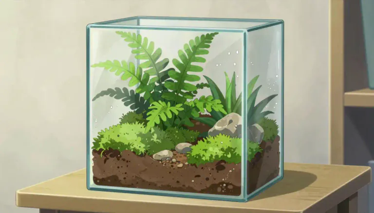 Visual representation of "terrarium" - A glass container that is used for growing plants indoors, creating a mini ecosystem.