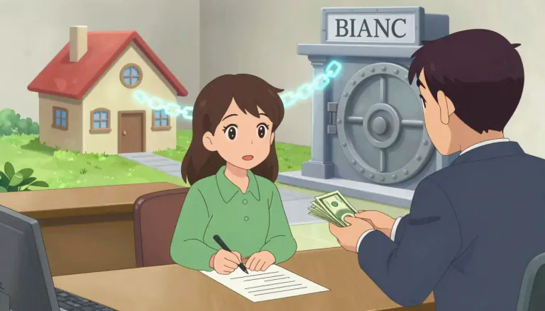 Visual representation of "mortgage" - A legal agreement where you borrow money from a bank or similar organization to buy a house, in which that organization could take your house if you do not make the payments back.
