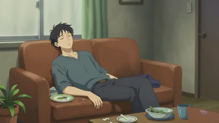 Visual representation of "vegetate" - To live in a way that is very slow or inactive, often because of sadness or illness