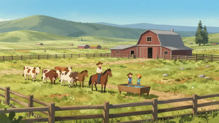 Visual representation of "ranch" - A large farm for raising animals like cows or horses