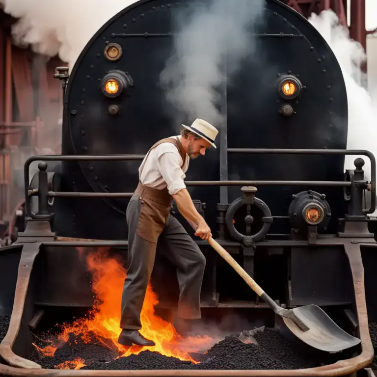 Visual representation of "fireman" - A person who adds fuel to a fire in a steam engine, like on a ship or train.
