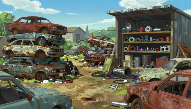 Visual representation of "junkyard" - A place where old or broken vehicles, machines, or objects are kept and the parts that can still be used are sold.