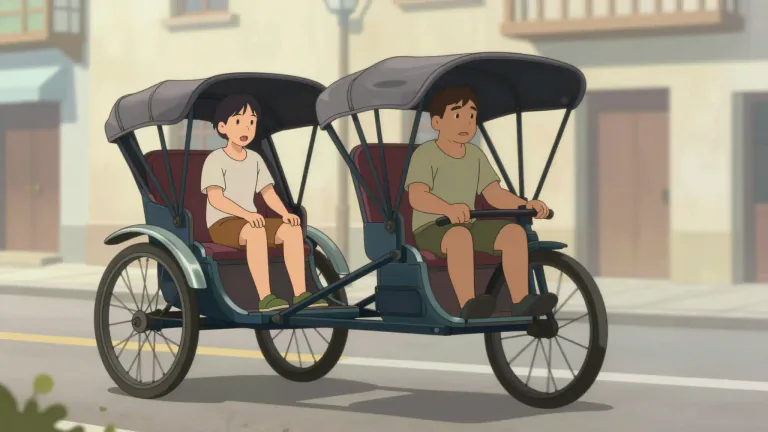 Visual representation of "rickshaw" - A small vehicle with two wheels that is pulled by one person and can carry one or two passengers