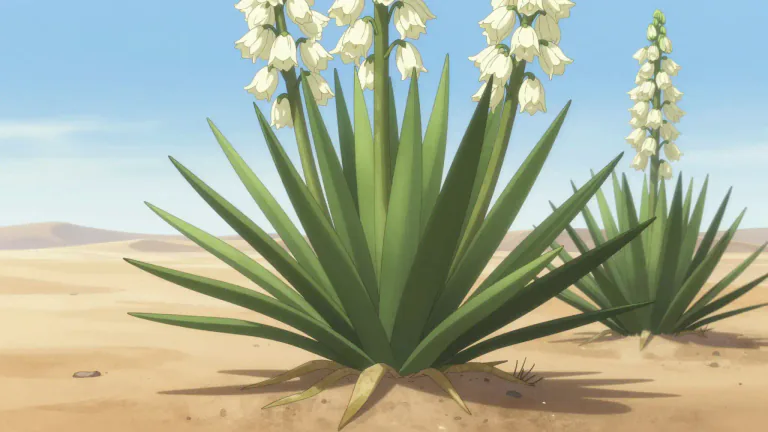 Visual representation of "yucca" - A plant with long, sharp leaves and usually white flowers.