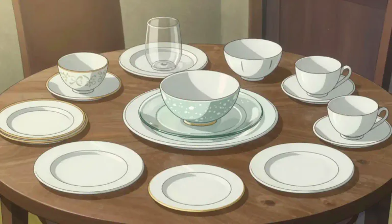 Visual representation of "crockery" - Dishes, plates, cups, and other similar items made of ceramics, glass, or porcelain usually used for serving or eating food.