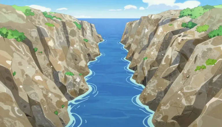 Visual representation of "strait" - A narrow waterway that connects two larger bodies of water.