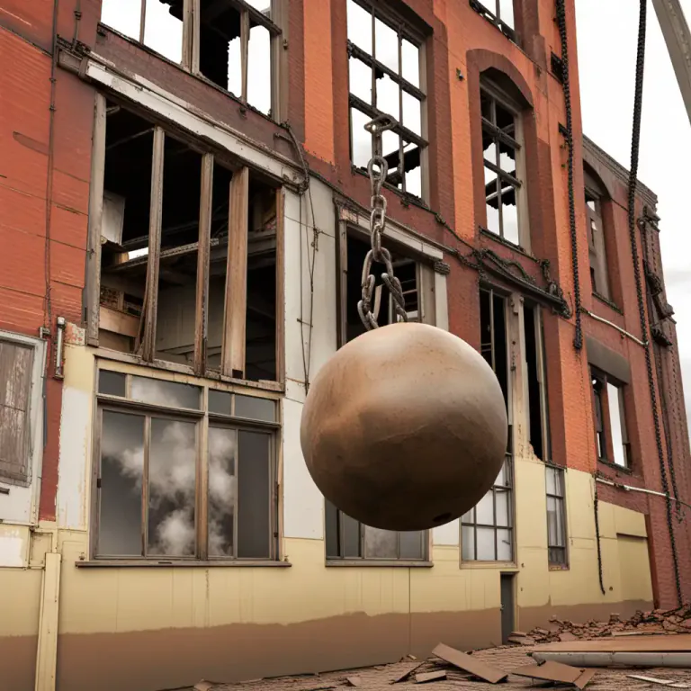 Visual representation of "pull down" - To demolish, destroy or remove a building or structure.