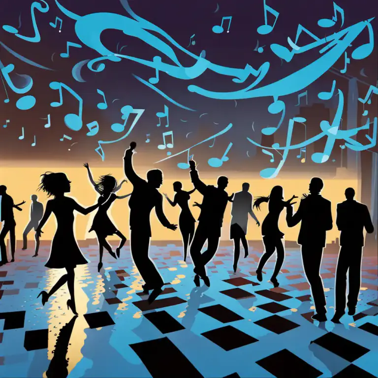 Visual representation of "boogie" - To dance energetically and joyfully, often to pop, rock, or blues music.