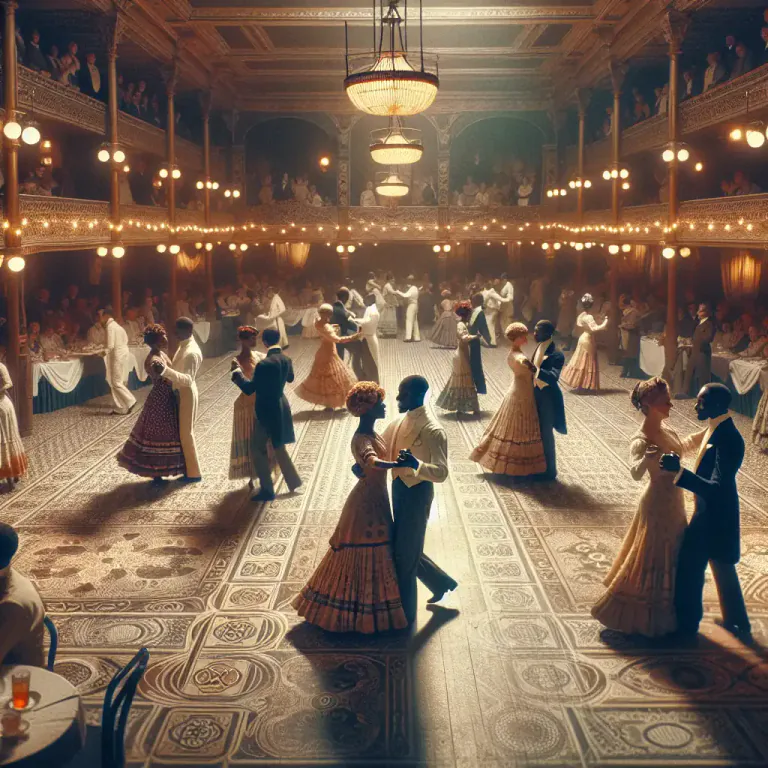 Visual representation of "cakewalk" - A 19th-century African American dance performed in complexly marked-off spaces, originating as a mockery of white ballroom dances.