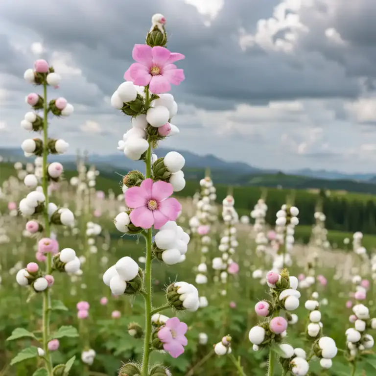 Visual representation of "marshmallow" - A kind of herbaceous plant with white or pink flowers, specifically Althaea Officinalis, native to Europe.