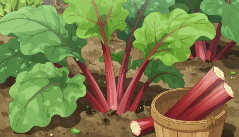Visual representation of "rhubarb" - A plant with large leaves and red stalks that are cooked and used in pies, jams, etc.