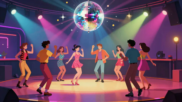 Visual representation of "disco" - A type of dance music popular in the 1970s with strong beat and simple tune, often played in discos.