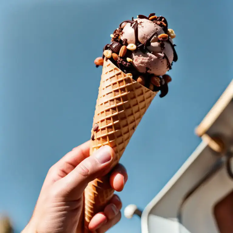 Visual representation of "drumstick" - A type of ice cream cone that has a coating of chocolate and nuts.