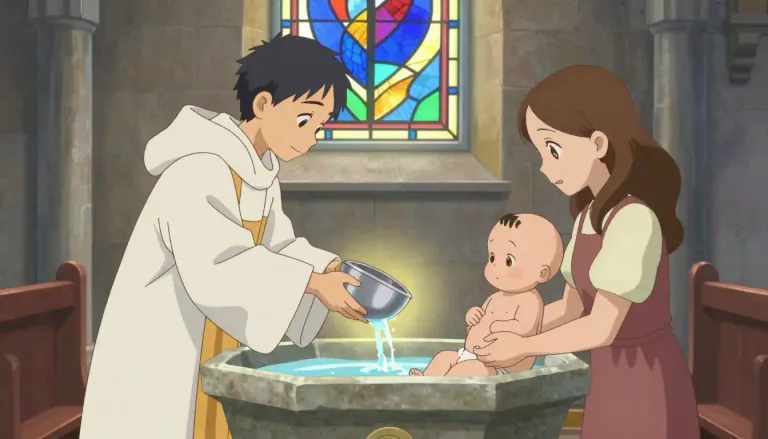 Visual representation of "baptize" - To use water in a religious ceremony to make someone a member of a Christian church.