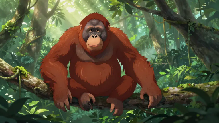 Visual representation of "orangutan" - A type of big ape with long arms and reddish or brown hair. They live in the forests of Borneo and Sumatra.