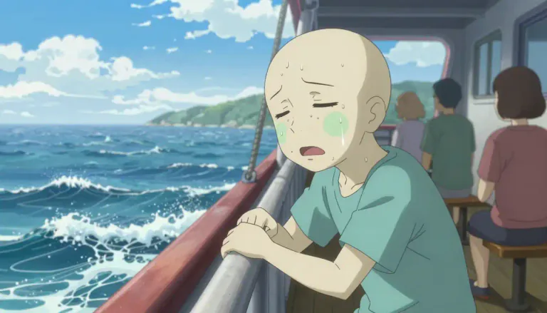 Visual representation of "seasick" - Feeling sick or nauseous due to movement when on a boat or ship.