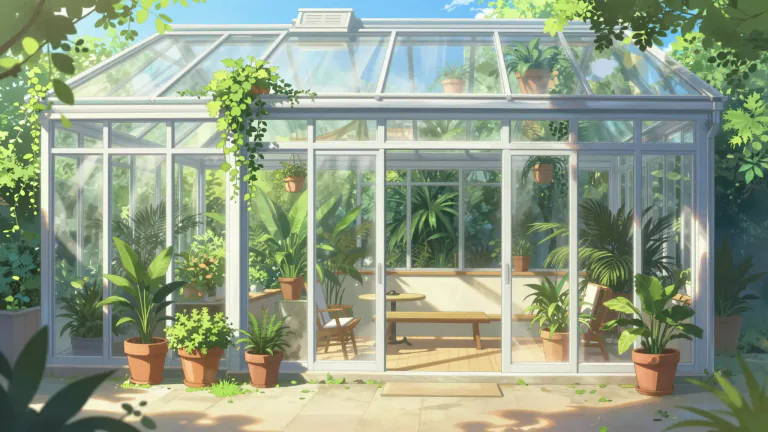 Visual representation of "conservatory" - A room with glass walls and a glass roof that is joined to a house, used for growing plants, or as a place to sit in.