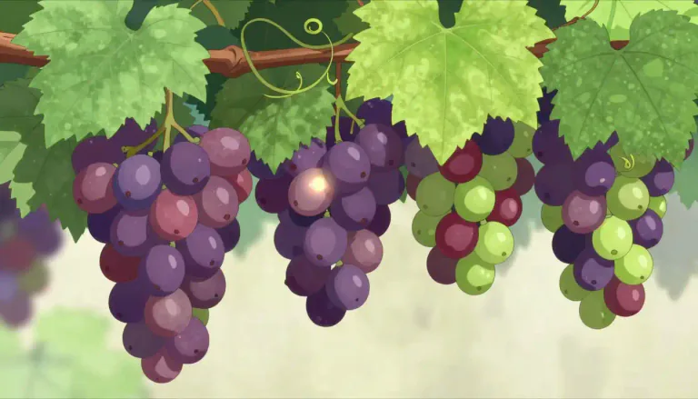 Visual representation of "grape" - A small, round fruit on a vine, usually purple, red, or green, that people and animals can eat.