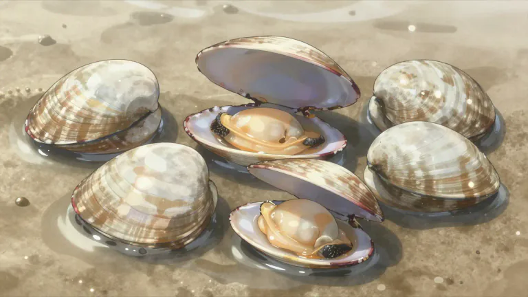 Visual representation of "clam" - A kind of seafood that has a shell and can be eaten.