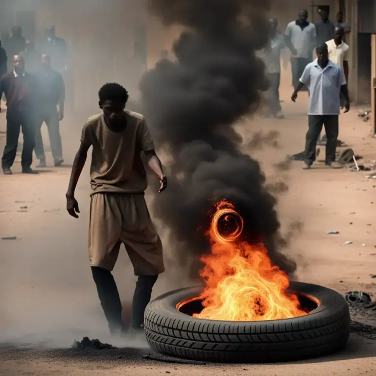 Visual representation of "necklace" - A form of execution in which a rubber tyre is filled with petrol, placed around the victim's neck, and set on fire.