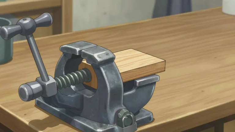 Visual representation of "vise" - A tool with two parts that can be moved together by tightening a screw to hold something tightly.