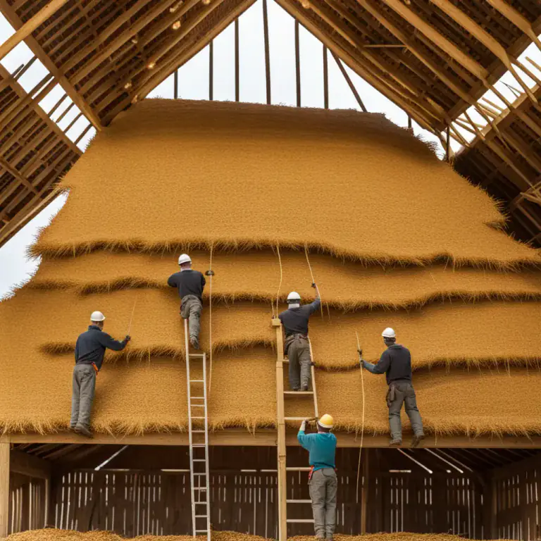Visual representation of "thatch" - To cover (a roof or a building) with straw, reeds, leaves, or some other material.