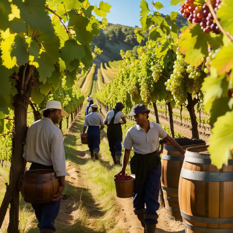 Visual representation of "vintage" - The process or time of gathering grapes for wine.