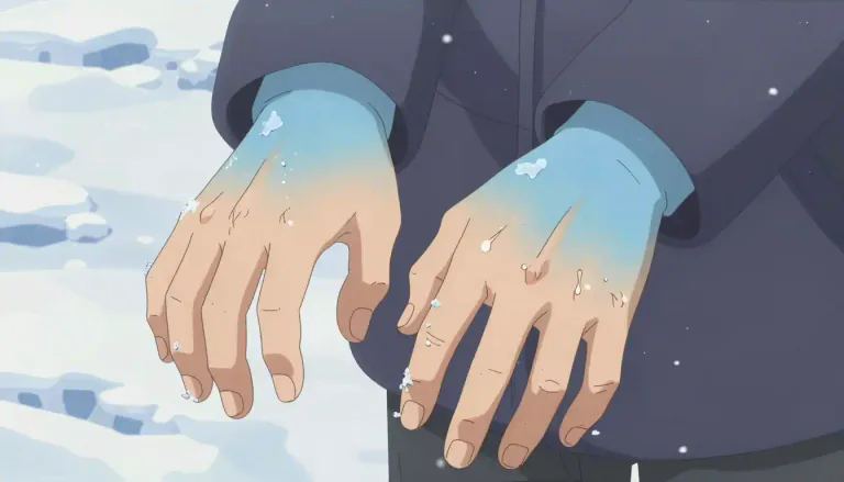 Visual representation of "frostbitten" - Injured by freezing, typically because of extreme cold