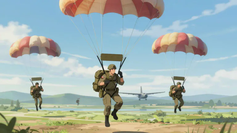 Visual representation of "airborne" - Belonging to a military unit that is transported by aircraft.