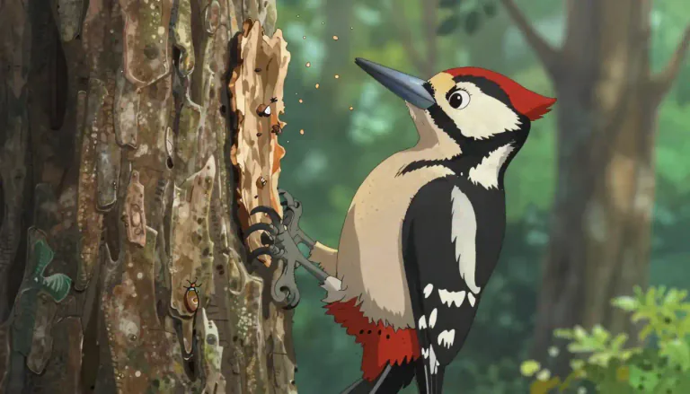 Visual representation of "woodpecker" - A kind of bird that is known for pecking at the bark of trees to find insects to eat
