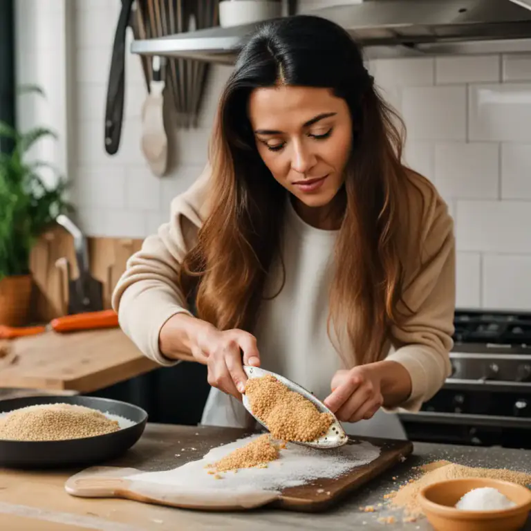 Visual representation of "crumb" - To cover food with crumbs before cooking.