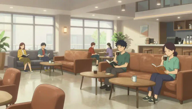 Visual representation of "lounge" - A room in a public place where you can sit and relax.