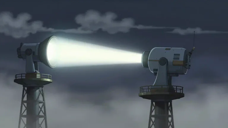 Visual representation of "searchlight" - A searchlight is a large, powerful light that can be moved around to illuminate a specific area, often used in emergencies to find something in the dark.