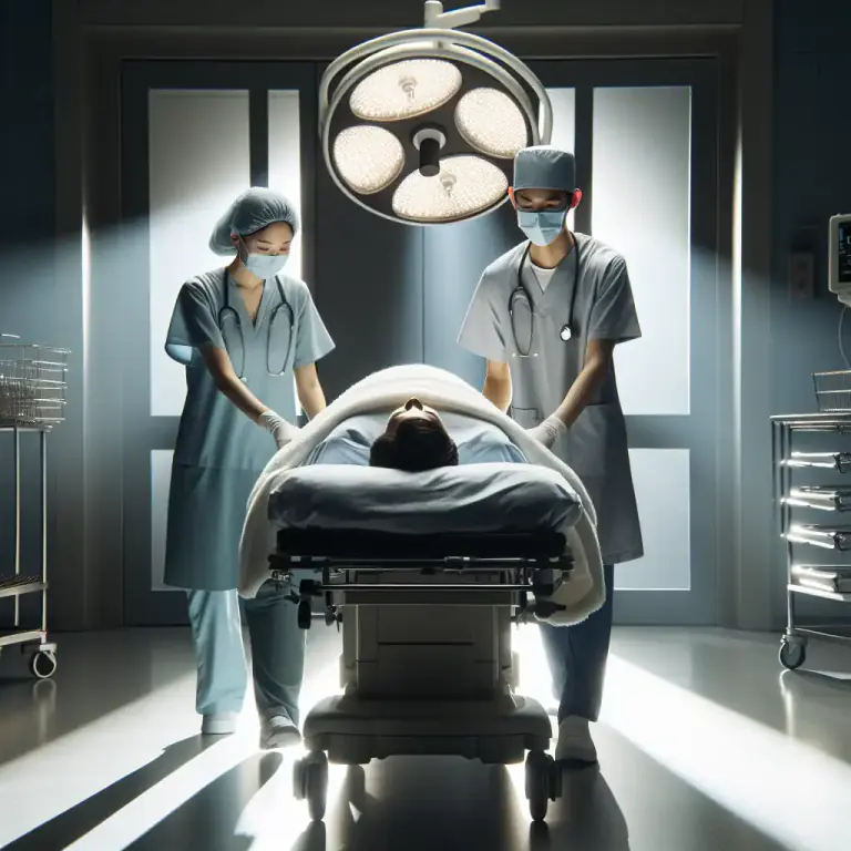 Visual representation of "trolley" - In a hospital, a bed with wheels that is used for moving patients