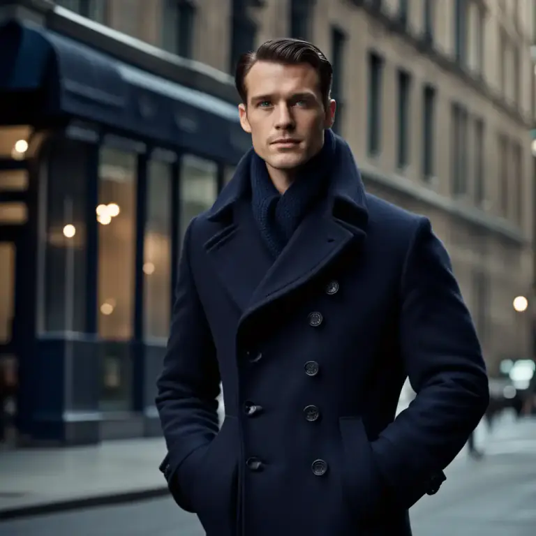 Visual representation of "pea" - Short for 'peacoat', a short, double-breasted overcoat made from heavy wool, usually navy blue and originally worn by sailors.