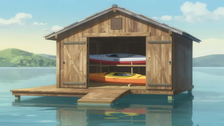 Visual representation of "boathouse" - A small building designed to store boats when they're not in use.