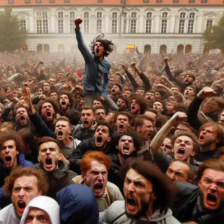 Visual representation of "tumult" - A violent and noisy commotion or disturbance of a crowd or mob