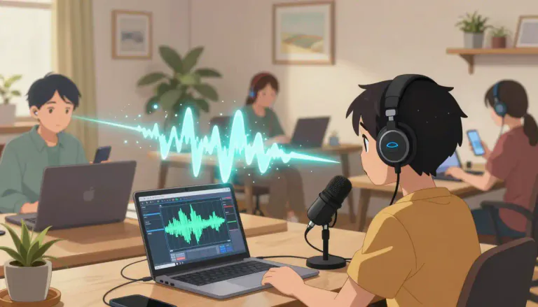 Visual representation of "podcasting" - It is the act of creating, sharing and listening to audio files on the internet, usually on particular topics.