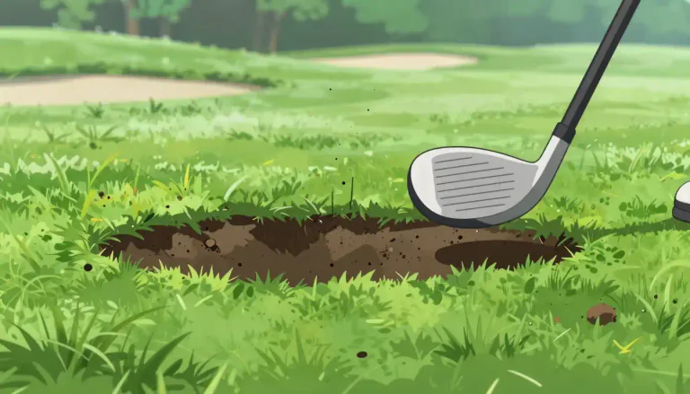 Visual representation of "divot" - A small piece of grass and soil that is dug out accidentally when playing sports such as golf.