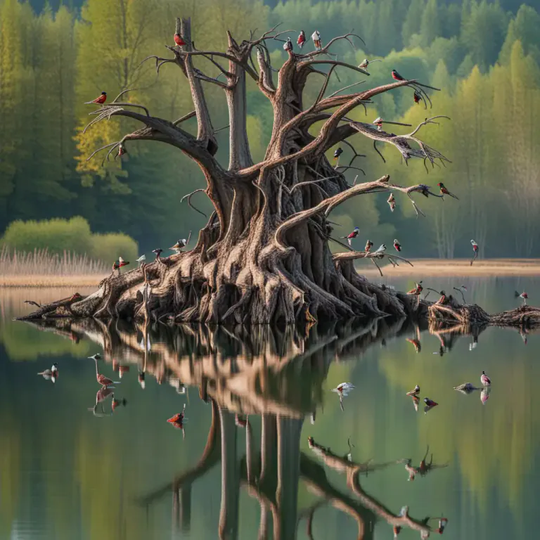 Visual representation of "snag" - A dead tree that is still standing, typically in an aquatic environment