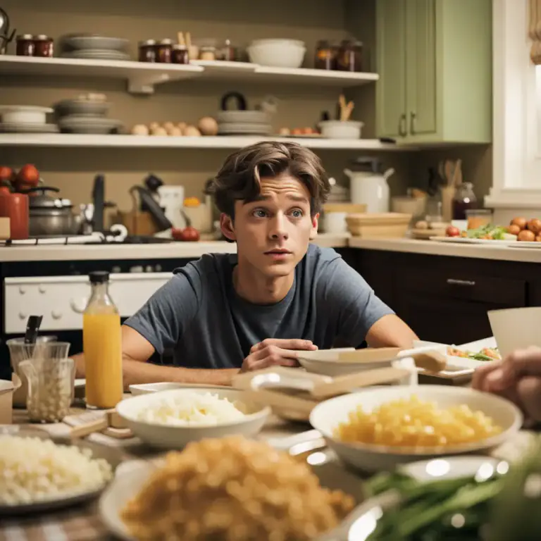 Visual representation of "eat somebody out of house and home" - To consume a large amount of someone's food or resources, possibly causing financial strain.