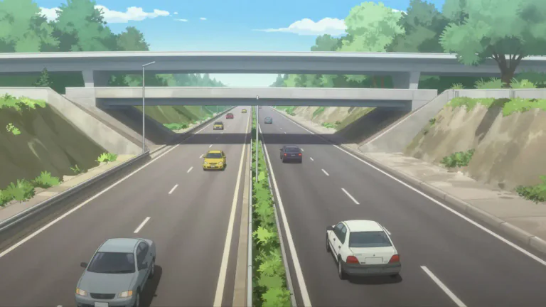 Visual representation of "expressway" - A large main road built for fast moving traffic, especially where all vehicles must enter and exit at specific places.