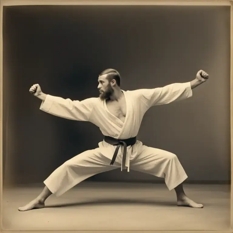 Visual representation of "crouch" - A position where the knees are bent and the upper body is brought forward and down, typically in order to defend oneself.