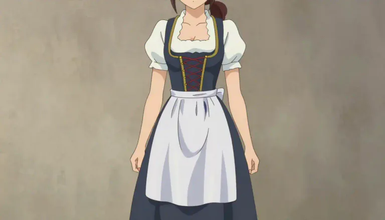 Visual representation of "dirndl" - A dress worn by women, traditionally from Germany and Austria, featuring a fitted bodice, full skirt, and apron.