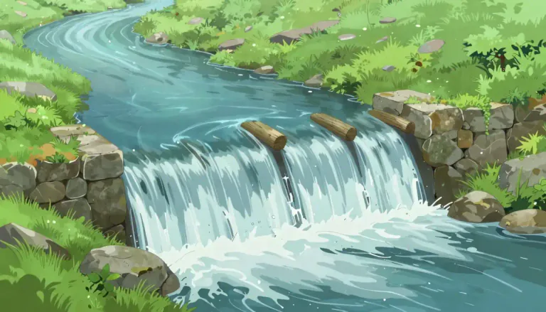 Visual representation of "weir" - A low dam built in a river to control the water flow.