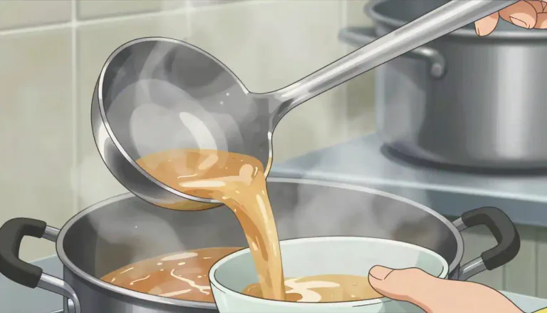 Visual representation of "ladle" - A big spoon with a long handle used for serving soup, stew, or other foods.