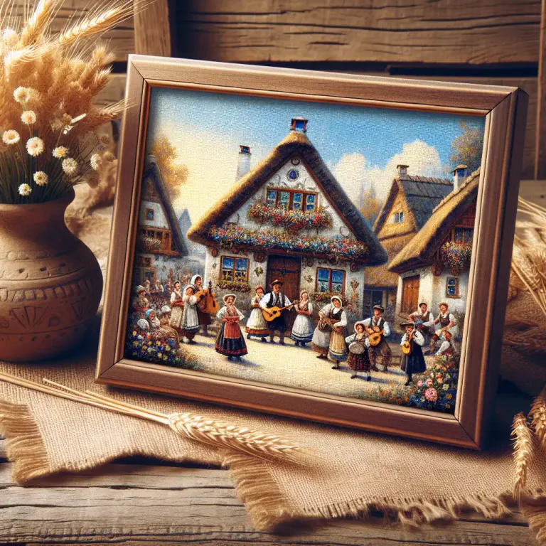 Visual representation of "folksy" - Pertaining to folk art or folk music.