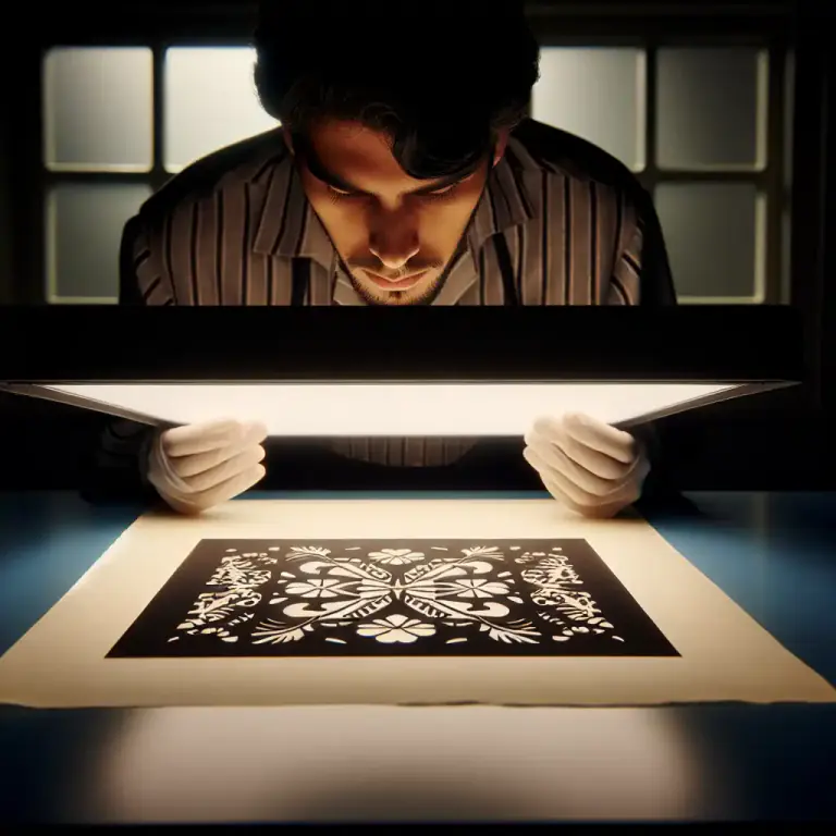 Visual representation of "stencil" - A device used to sequentially select, for photographic printing, variable portions of a broad and flat, luminous source.